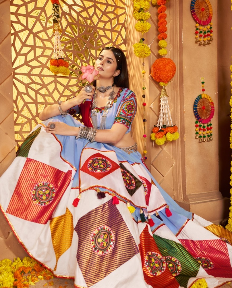 11041-blue - Garba Elegance in Light Blue Patchwork Splendor